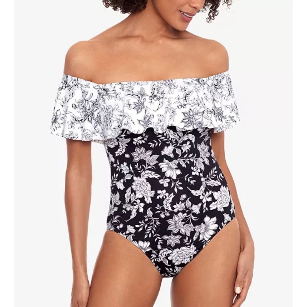 Lauren Ralph Lauren Toile Floral Ruffle Off-The-Shoulder Swimsuit Size 4